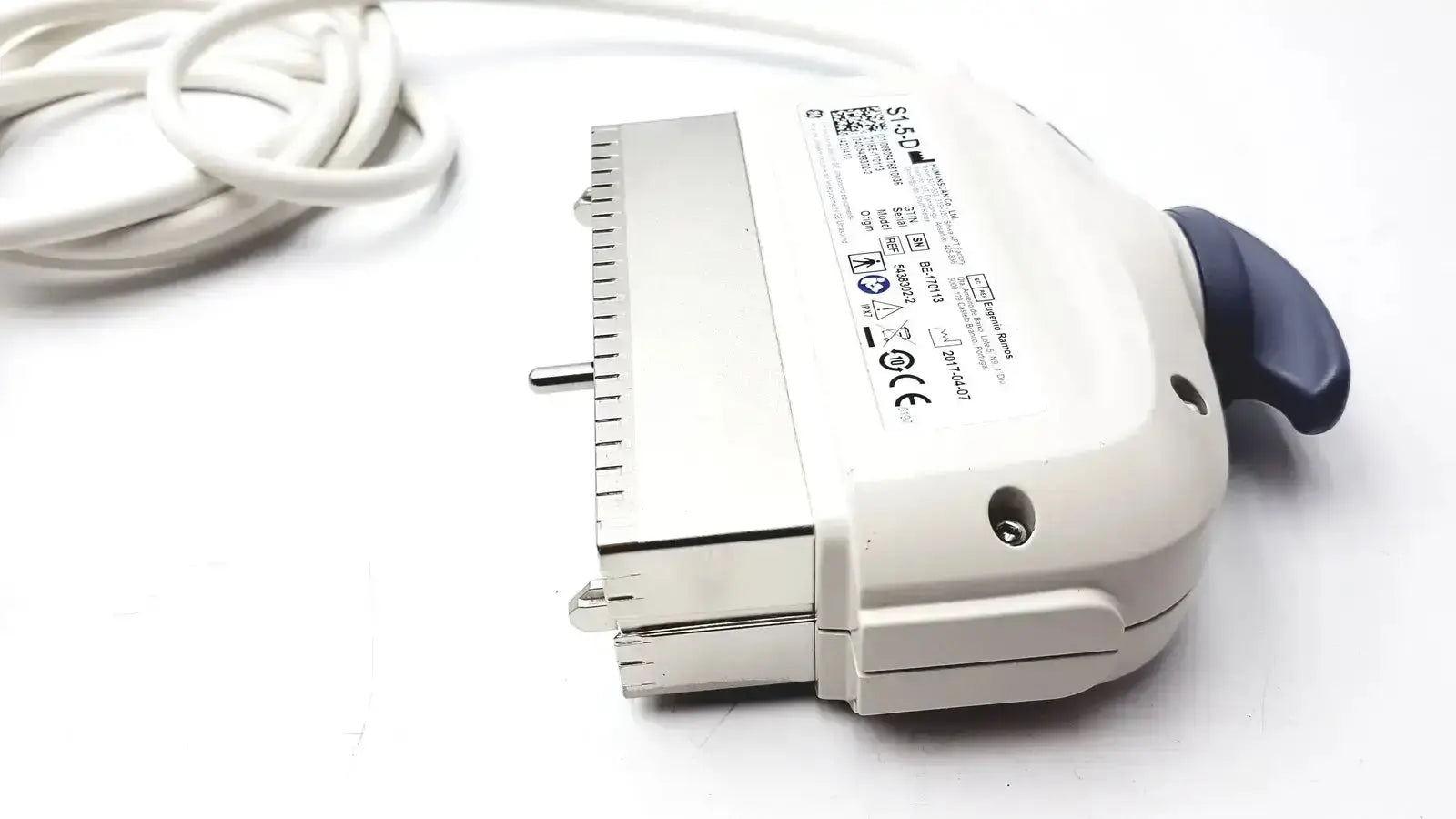 GE S1-5-D ultrasound transducer probe with white and blue medical device and coiled white cable with metallic connectors