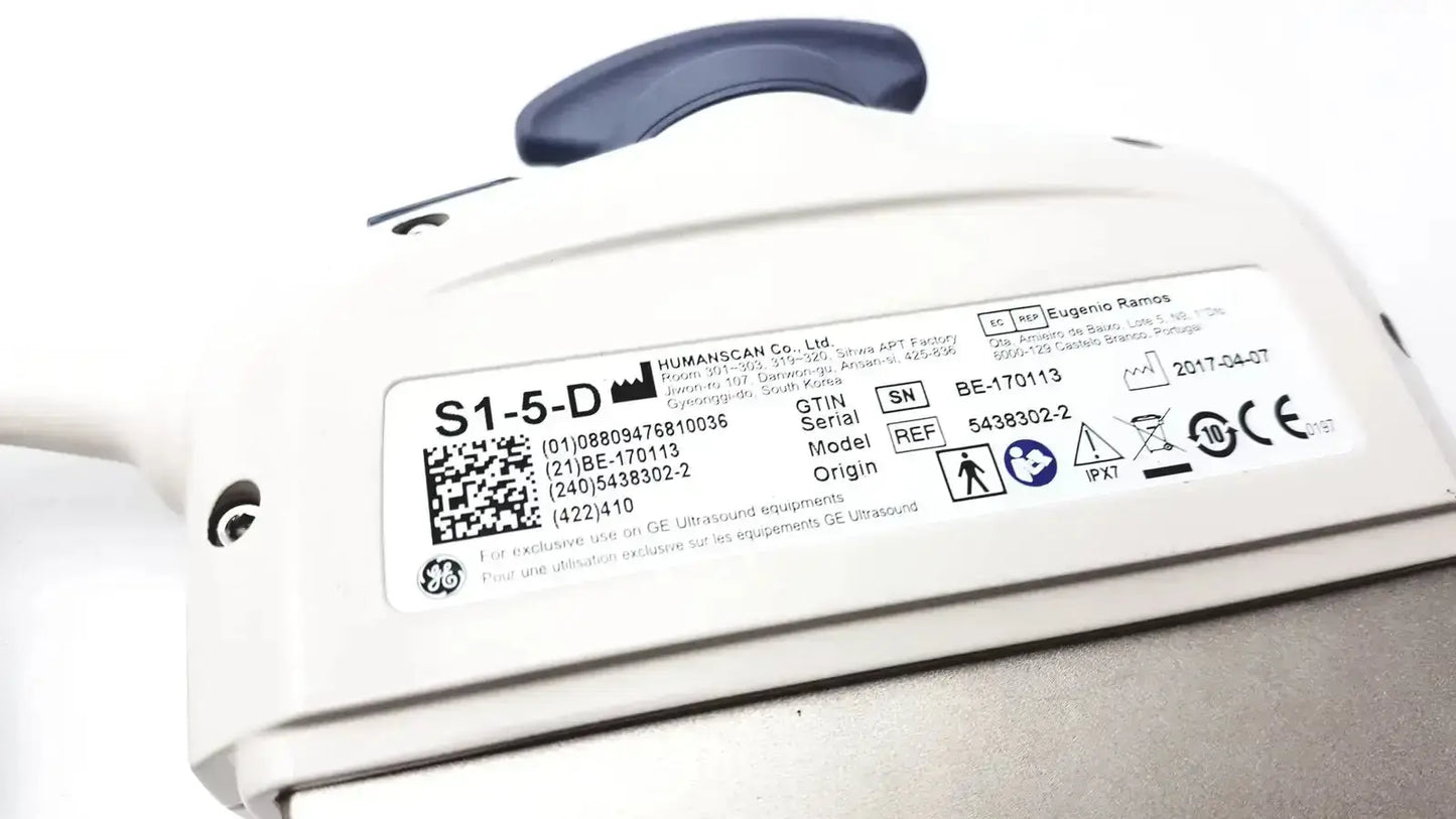 White ge s1-5-d ultrasound transducer probe with blue handle showing labeled specifications on back panel