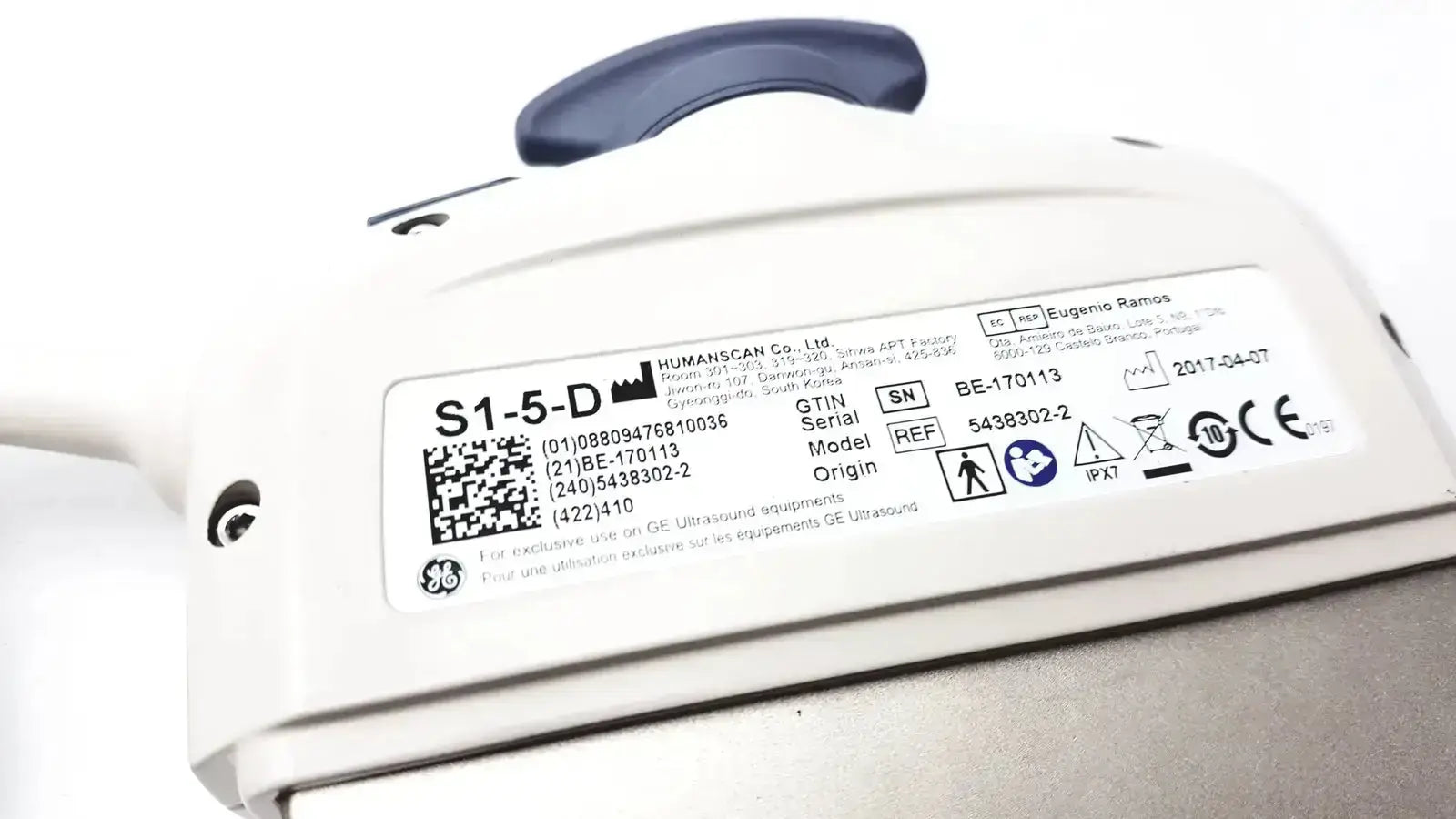 White ge s1-5-d ultrasound transducer probe with blue handle showing labeled specifications on back panel