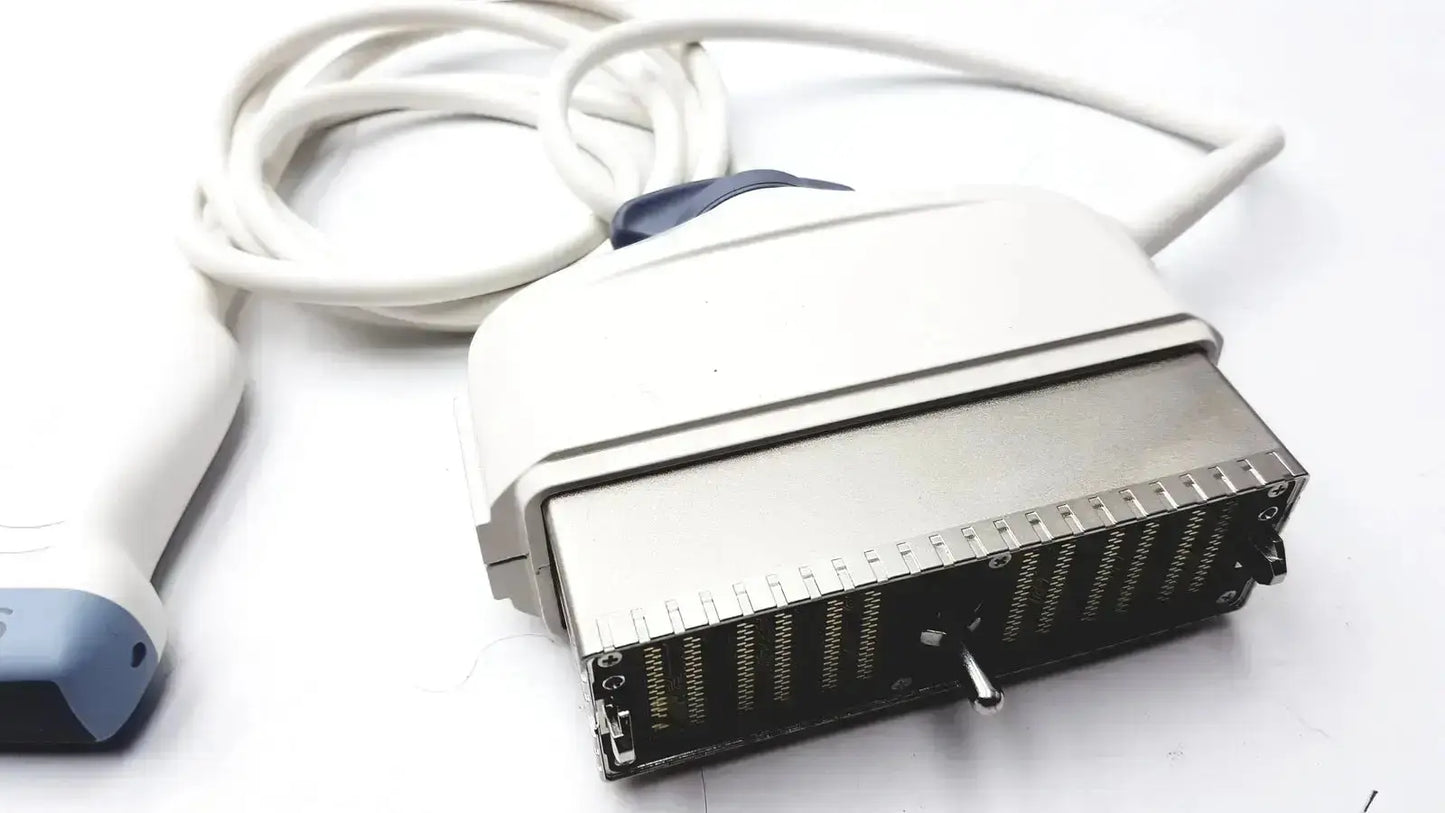 GE S1-5-D ultrasound transducer probe with white and blue plastic body and metallic connector housing for medical imaging