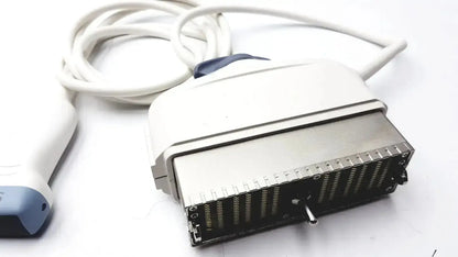 GE S1-5-D ultrasound transducer probe with white and blue plastic body and metallic connector housing for medical imaging