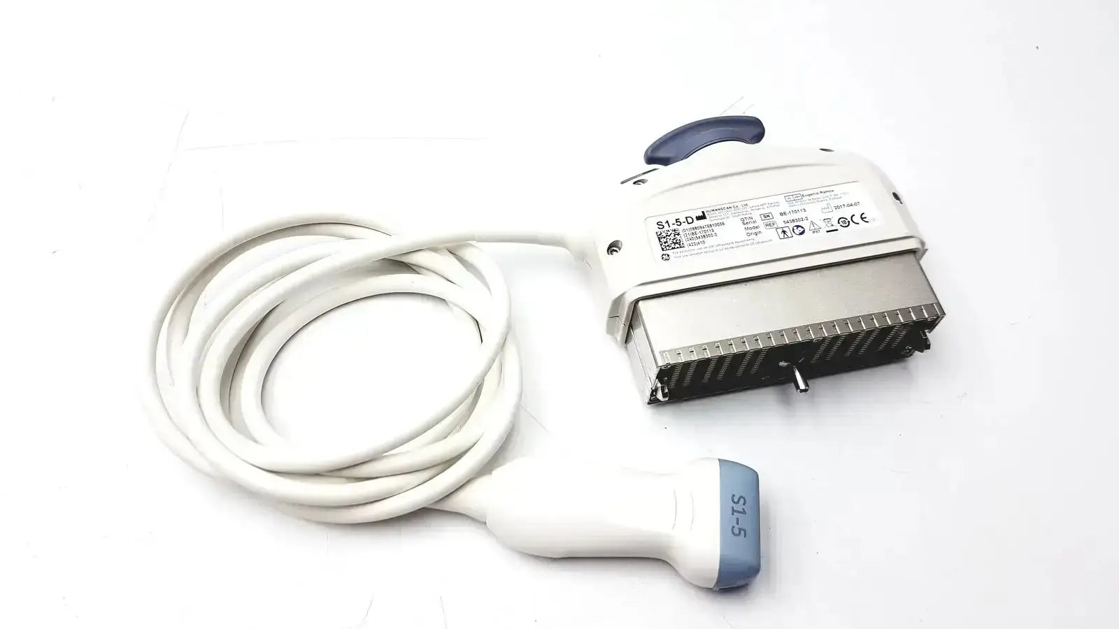 GE S1-5-D white and gray ultrasound transducer probe with coiled cable and model number s1-5 on handle and probe head