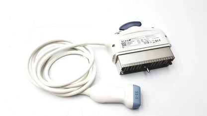 GE S1-5-D white and gray ultrasound transducer probe with coiled cable and model number s1-5 on handle and probe head