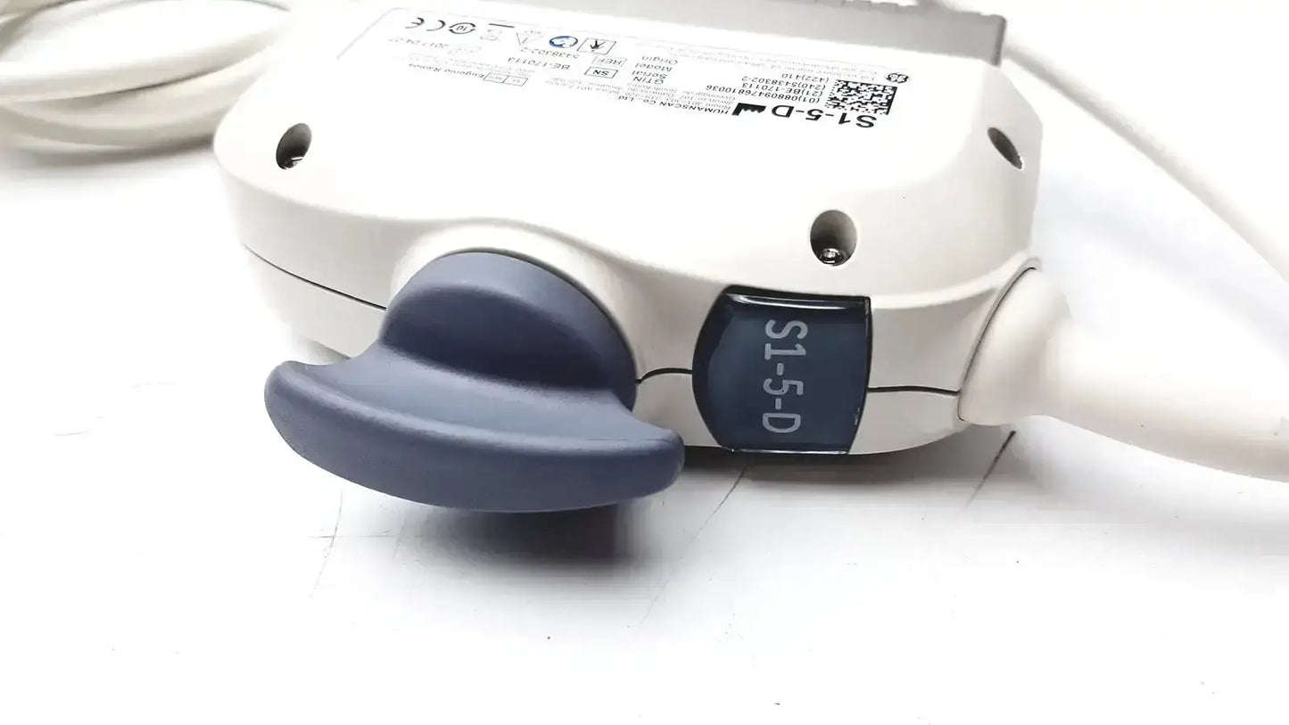 White and gray ge s1-5-d ultrasound transducer probe with blue dial knob for medical imaging use