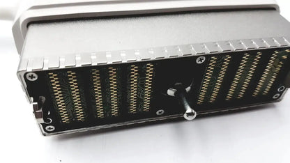 Silver metallic industrial connector with gold-plated pins and toggle switch on back of ge s1-5-d ultrasound transducer probe