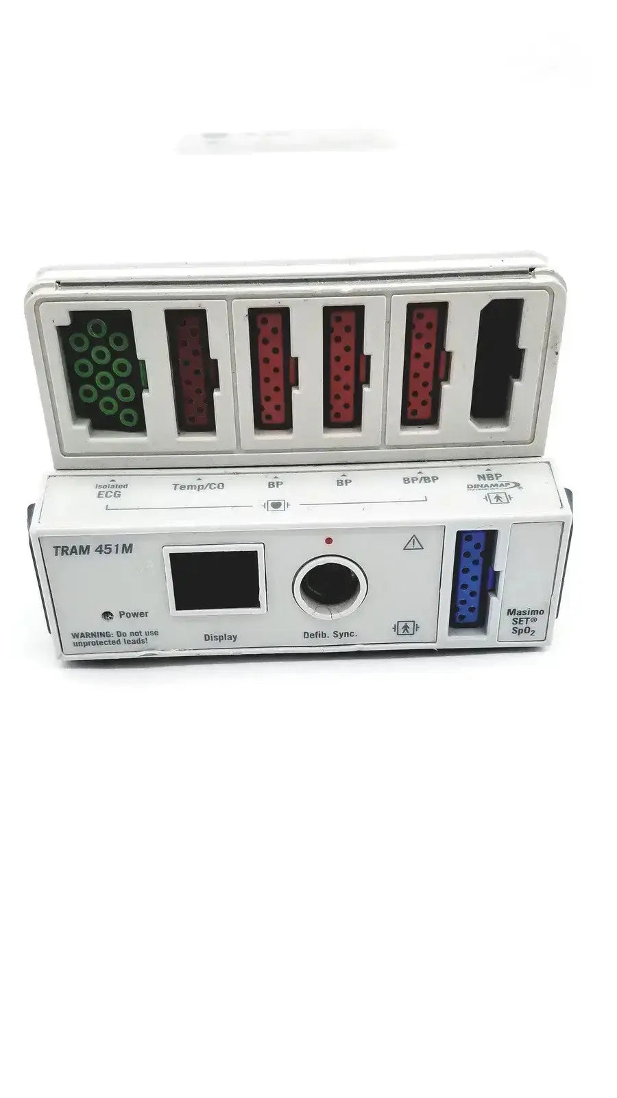 White medical tram 451m patient monitor module with colored connector ports and display screen by general electric medical systems