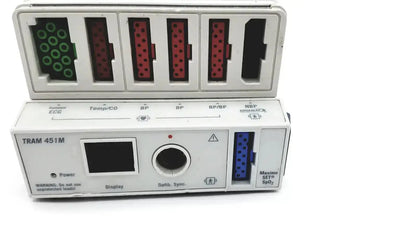 White general electric medical tram 451m patient monitor module with small screen dial and multiple input ports
