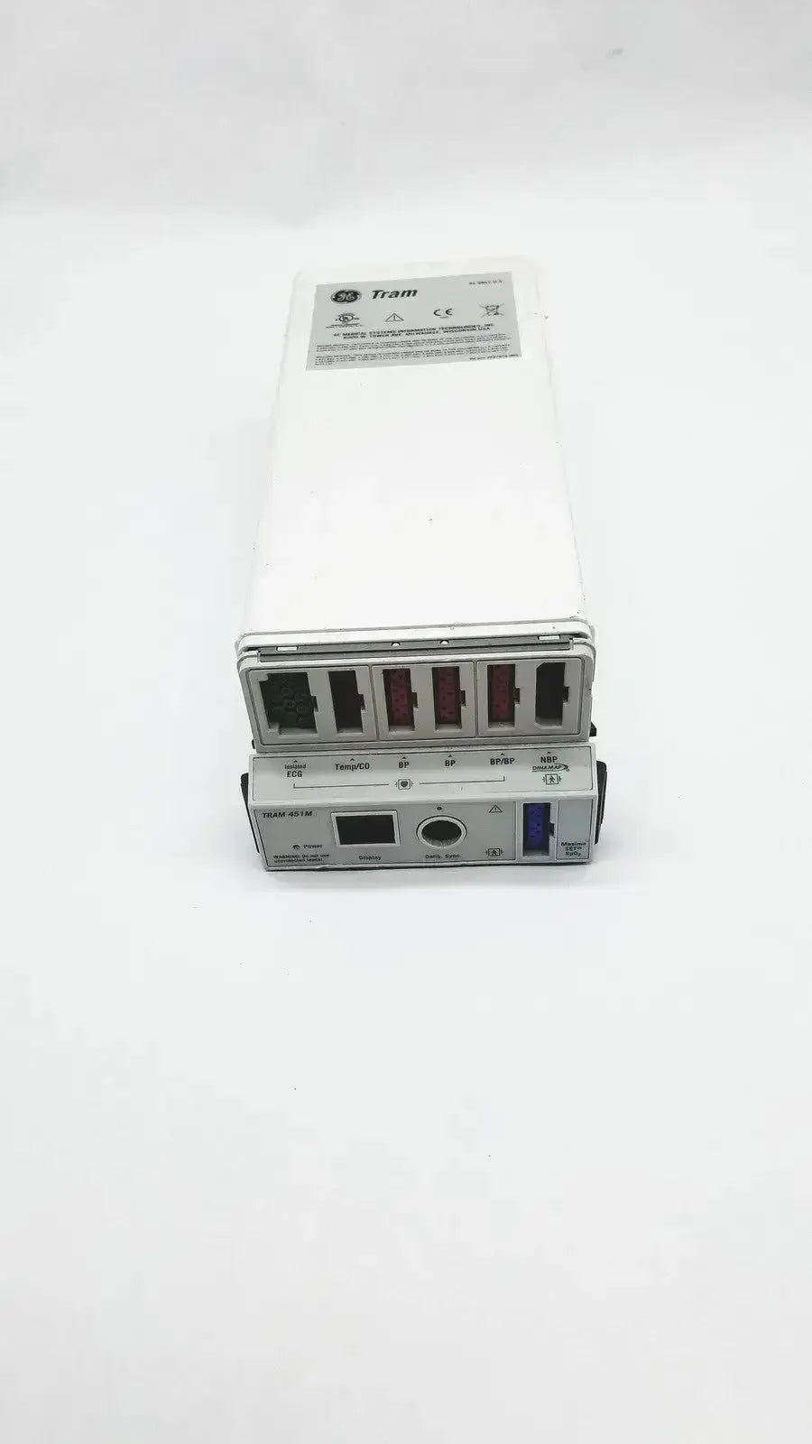 White medical tram 451m patient monitor module with silver metallic front panel and multiple ports for connectivity