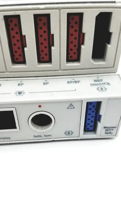 White medical tram 451m module with red and blue dynamap and masimo set spo2 connectors for patient monitoring