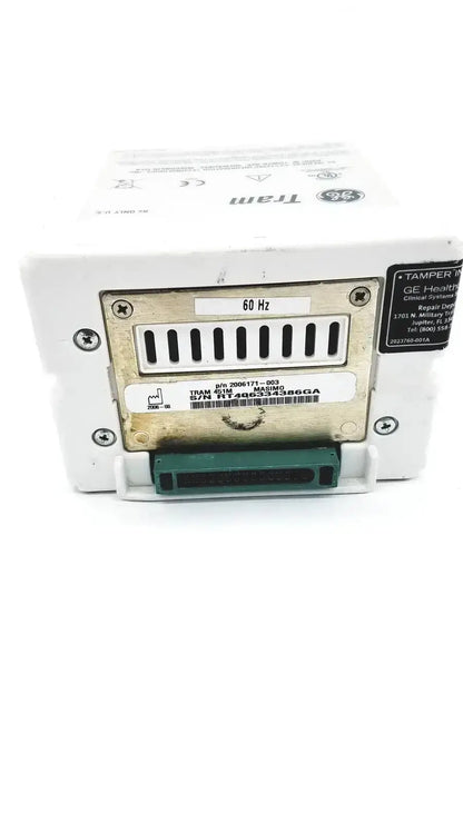 White ge healthcare medical tram 5018 patient monitor module with green connector and metal label plate for 451m use
