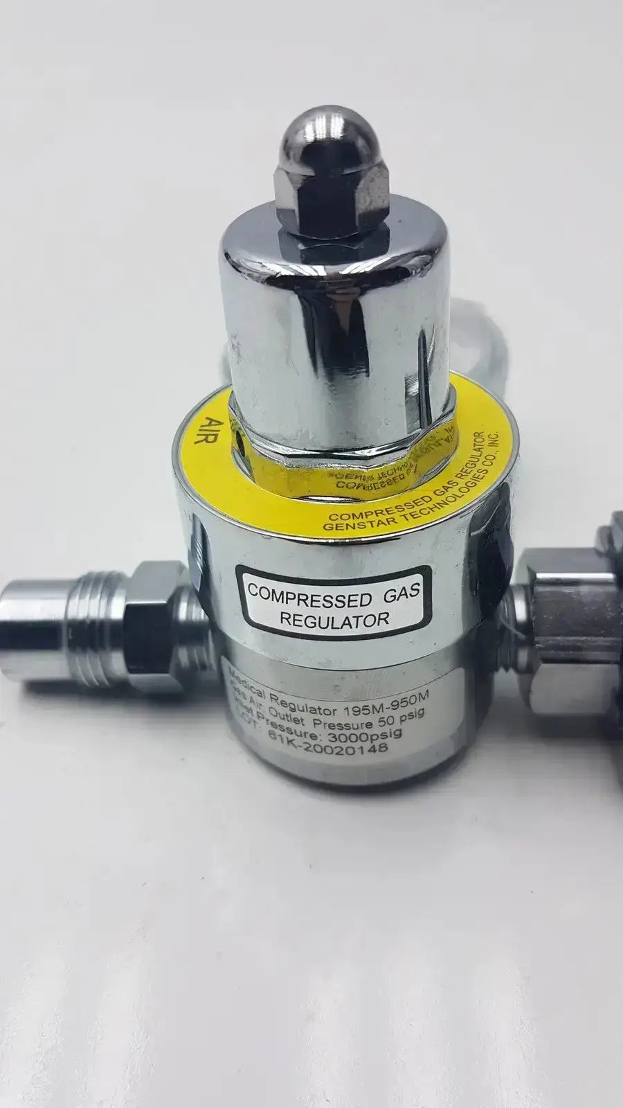 Chrome-finished gentec cga950 compressed air regulator with yellow label and threaded ports for 60 psi outlet connection