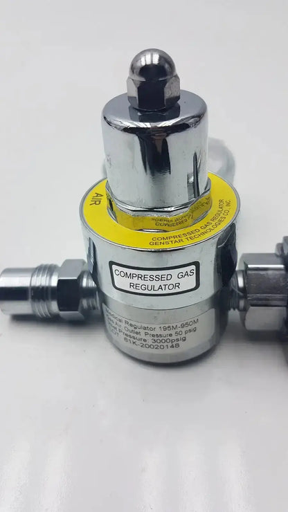 Chrome-finished gentec cga950 compressed air regulator with yellow label and threaded ports for 60 psi outlet connection