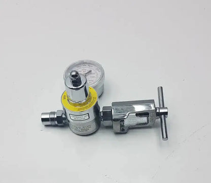 Silver-toned Gentec CGA950 compressed air regulator with yellow label and pressure gauge for 60 PSI outlet control