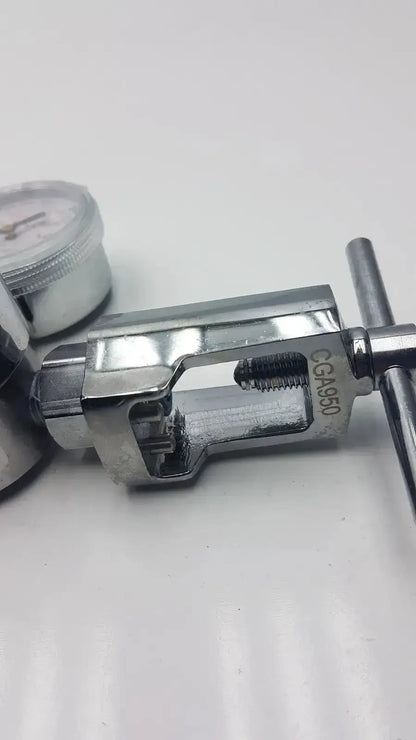 Silver metallic gentec cga950 compressed air regulator with engraved cga950 marking and threaded connection point