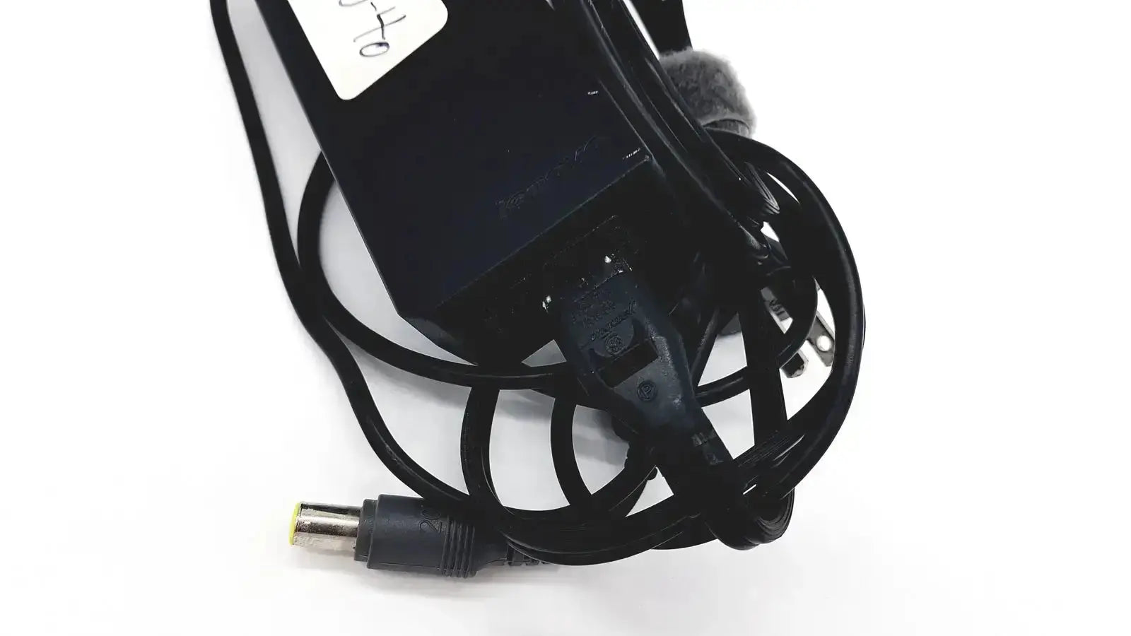 Genuine black lenovo 90w power supply with coiled cable and yellow-tipped round tip 42t5000 dc connector
