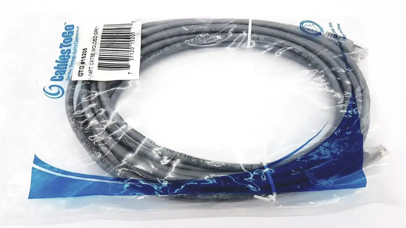 Genuine Cables ToGo cat5e molded grey ethernet cable 14 feet in clear plastic packaging with blue branding and barcode label