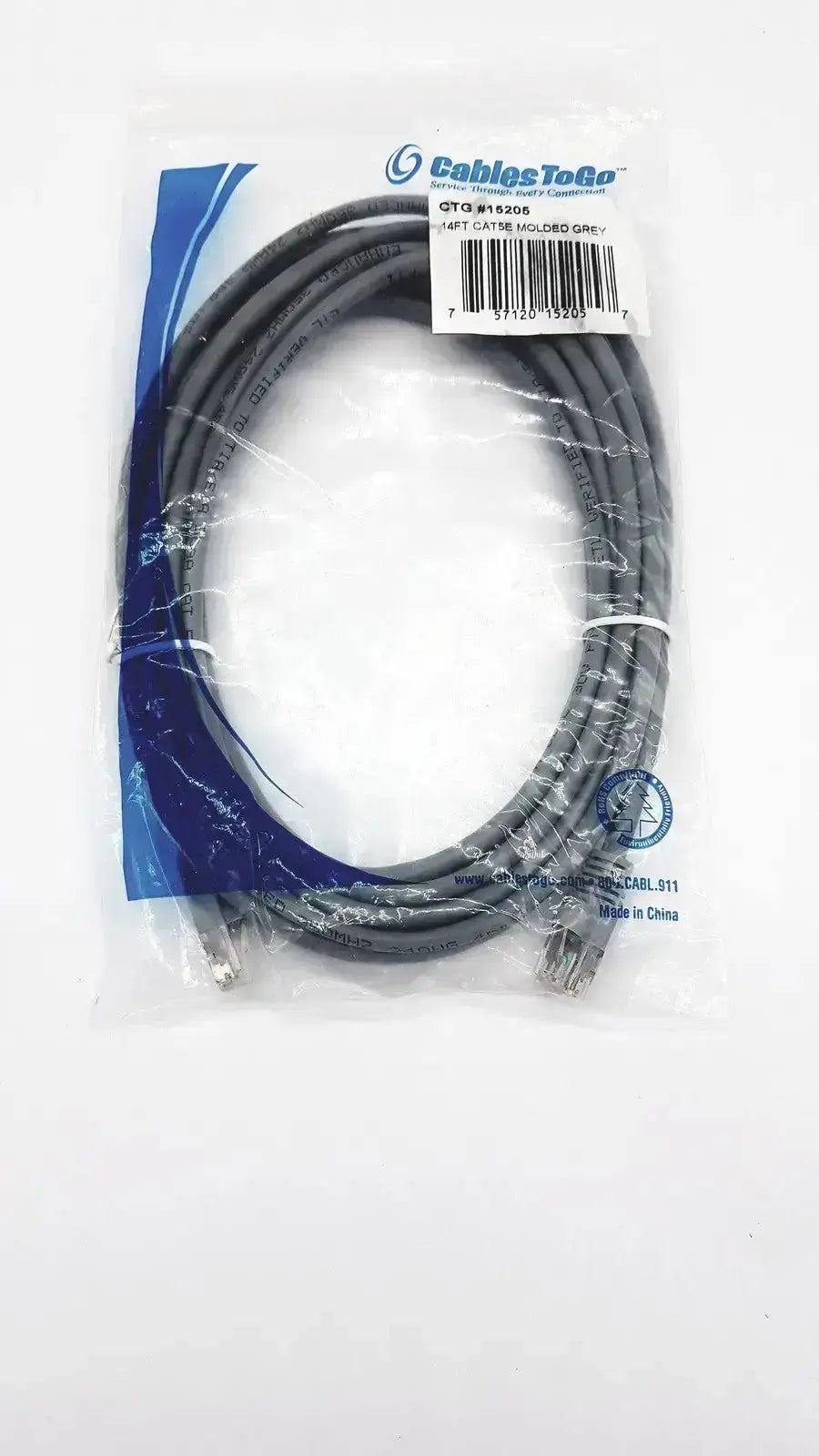 Gray cat5e molded grey ethernet cable with rj45 connectors in clear packaging from genuine cables togo