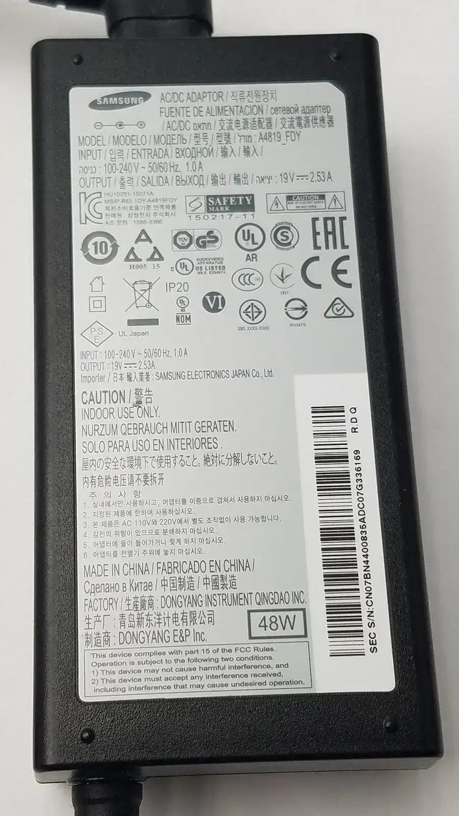 Genuine Samsung TV Monitor AC/DC Adapter Power Supply A4819_FDY 19V 2.53A 48W