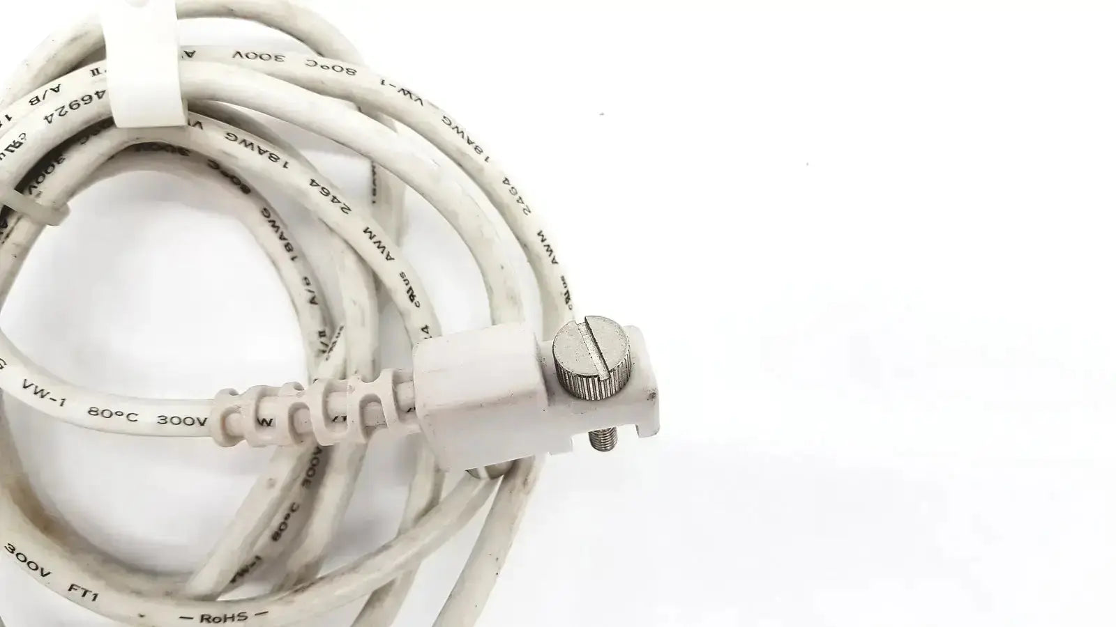 White electrical cable with molded plug and printed specs for spacelabs snp-a085-3y used medical equipment for sale