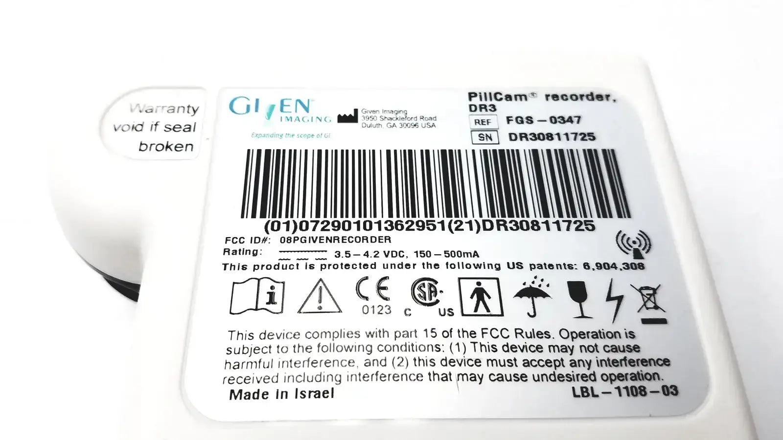 GIVEN IMAGING FGS-0347 PillCam Recorder DR3 LBL-1108-03 - SN DR30811725 - Capsule Endoscopy