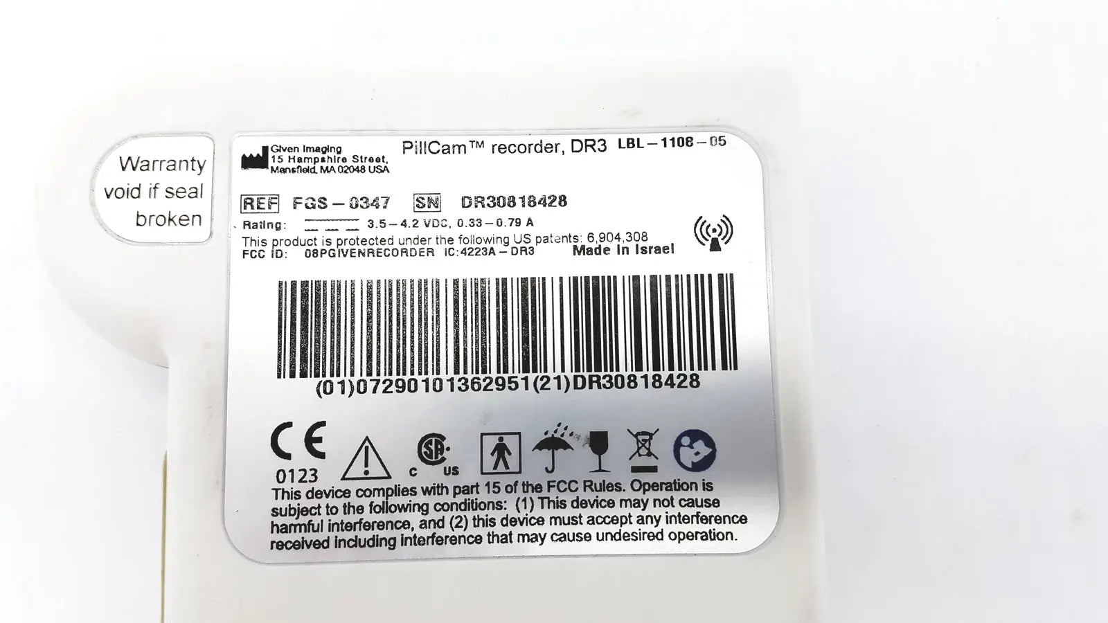 GIVEN IMAGING FGS-0347 PillCam Recorder DR3 LBL-1108-05 - SN DR30818428 - Capsule Endoscopy