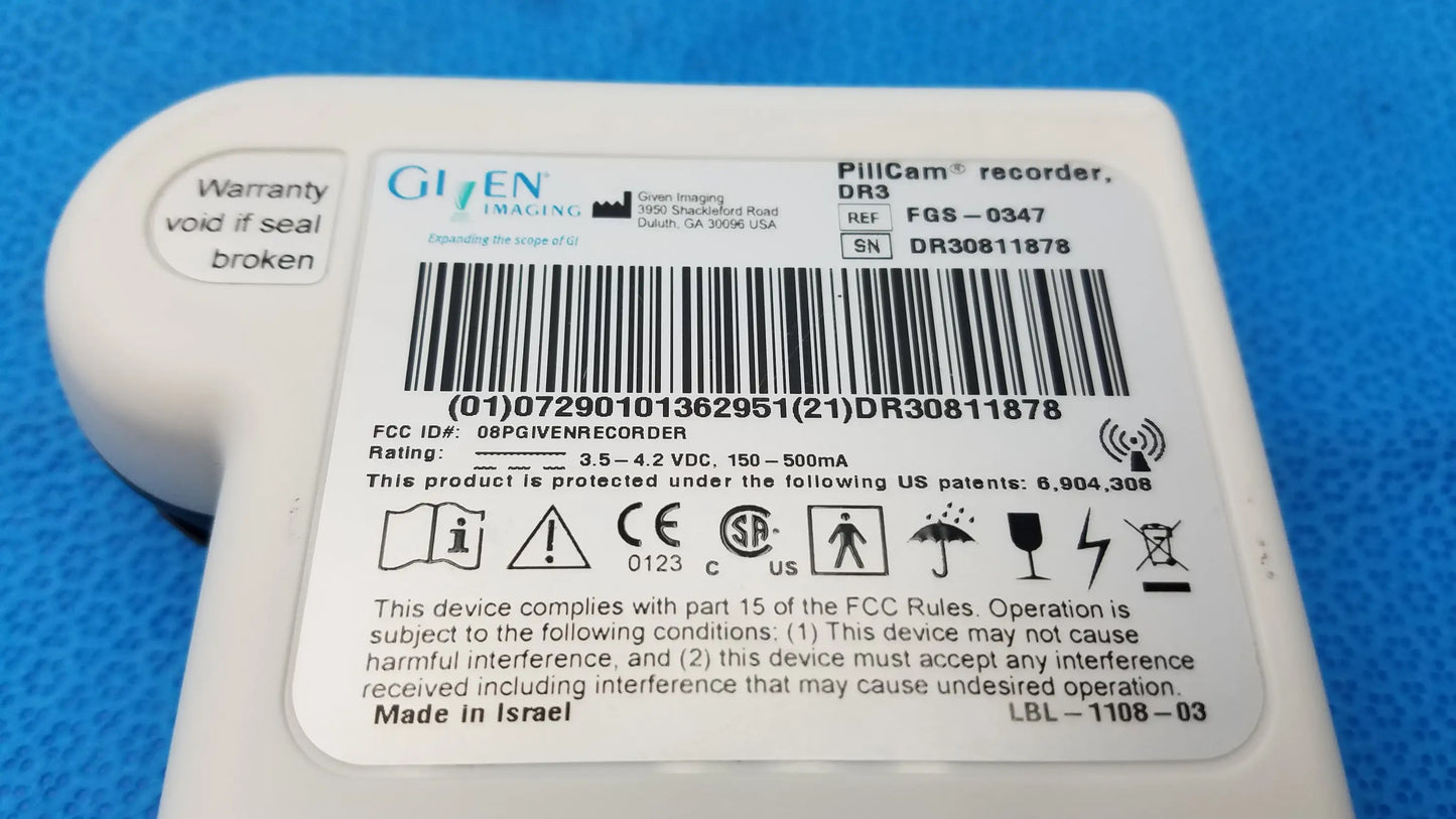 White plastic given imaging pillcam recorder dr3 with label showing specifications for buy used medical equipment