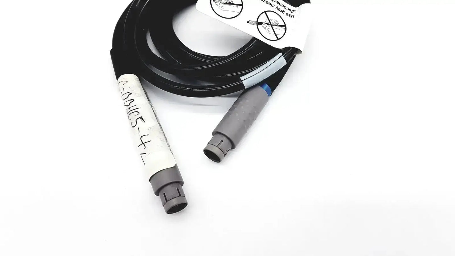 Black coiled glideScope 0600-0237 GS connector cable with gray connectors and handwritten white label for medical use