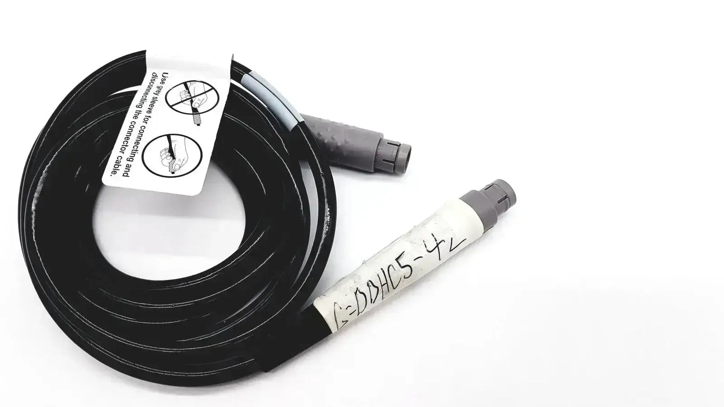 Black coiled glideScope 0600-0237 connector cable with gray connectors and white handwritten label for buy used medical equipment