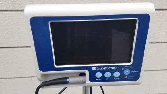White and blue glidescope pv132067 medical equipment with touchscreen, control buttons, and tubing for vital signs monitoring
