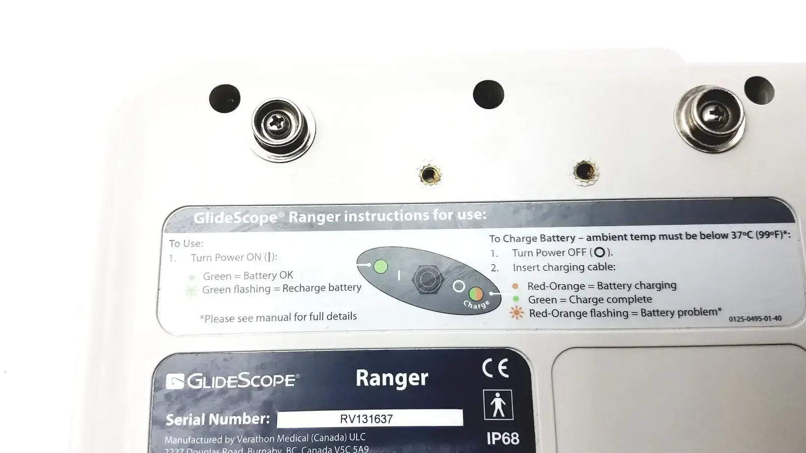 GlideScope Ranger Video Laryngoscope Serial No. RV131637 - Untested
