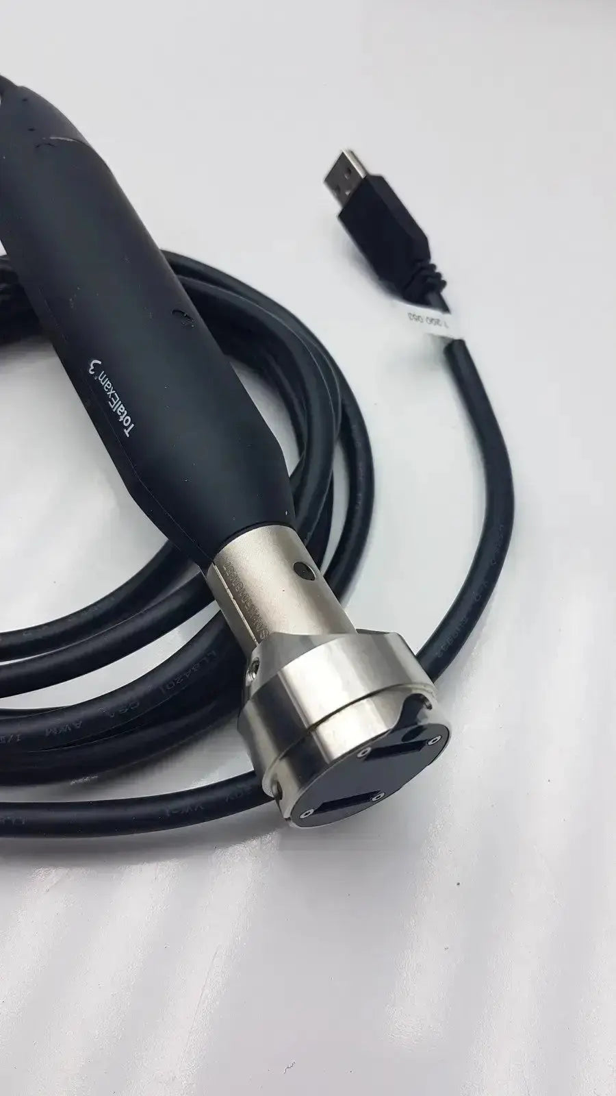 Black handheld usb inspection camera with metallic connector and coiled cable globalmed total exam ke018257 hd 1080p