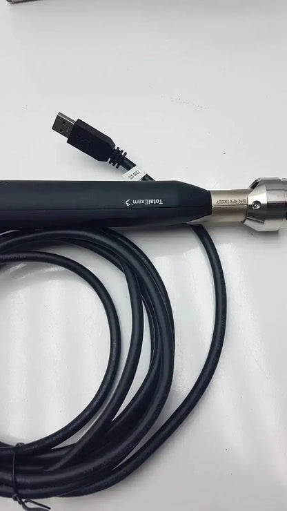 Black handheld usb cable with metallic connector branded totalexam 3 for globalmed total exam ke018257 hd 1080p camera