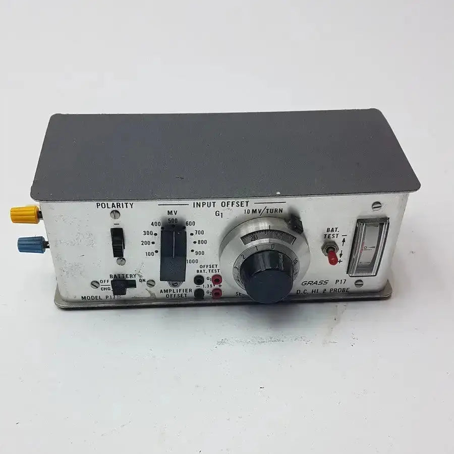 Grass instrument amplifier model p17b showing the back panel with black metal casing and audio input connectors