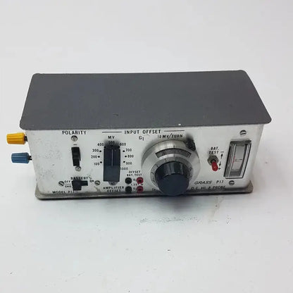 Grass instrument amplifier model p17b showing the back panel with black metal casing and audio input connectors