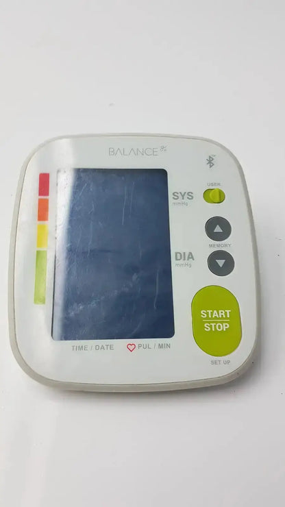White balance brand digital bluetooth bpm blood pressure monitor with rectangular screen green buttons and color bars greater goods