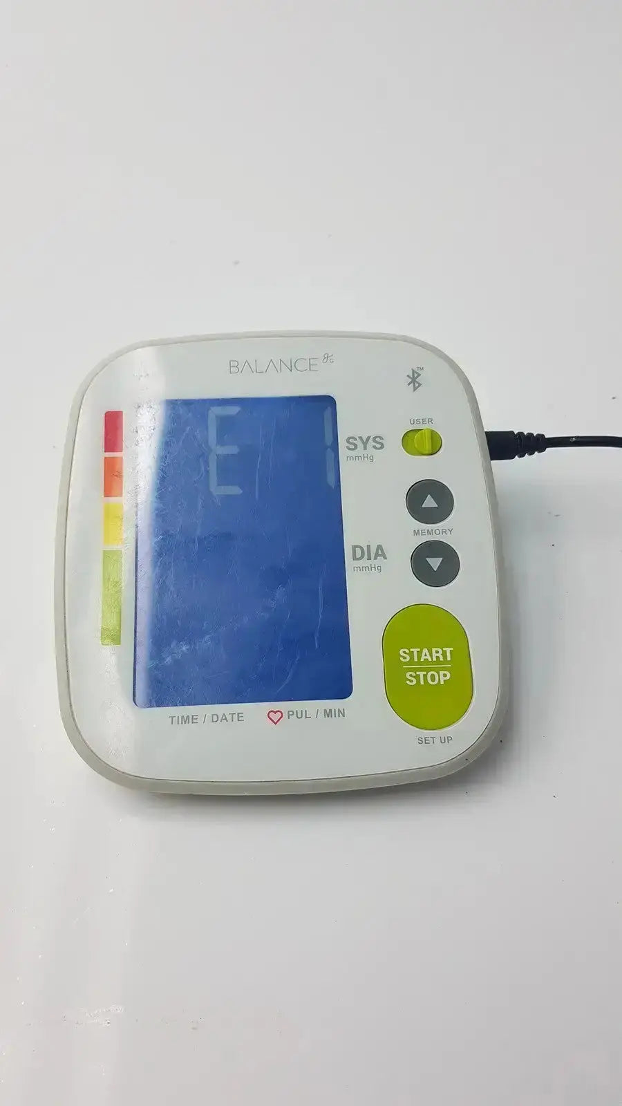 Greater Goods 0604 bluetooth bpm blood pressure monitor white plastic with blue screen and green buttons