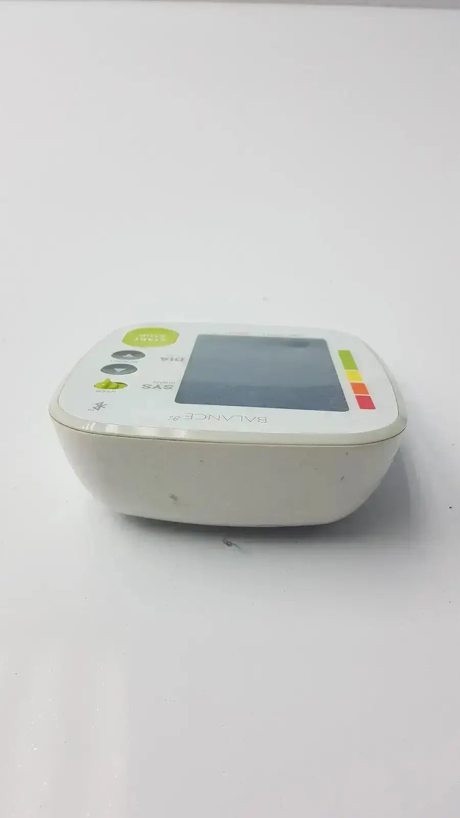 White plastic bluetooth bpm blood pressure monitor by greater goods with digital screen and colorful indicator lights