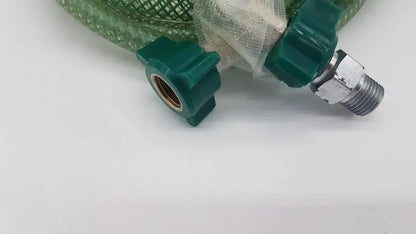 Green suction pump water hose with green mesh tubing and metal threaded connector for suction pump applications