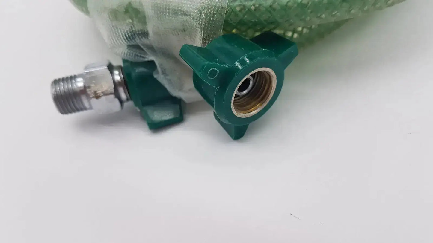 Green suction pump water hose with green plastic gas valve, brass interior, and metallic threaded connection fittings
