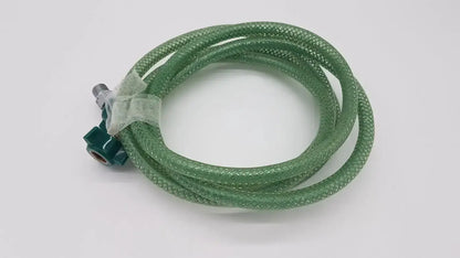 Green suction pump water hose with green braided material metallic threaded connector and green plastic valve fittings