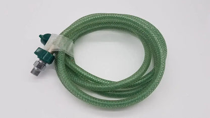 Green suction pump water hose with green braided design, plastic valve, and metallic threaded connector for suction pump use