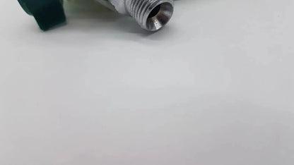 Silver metallic pipe fitting with threaded end and green plastic handle for green suction pump water hose use