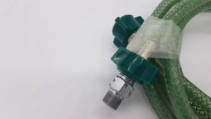 Green suction pump water hose with green braided material and metallic threaded connector with dark green fittings