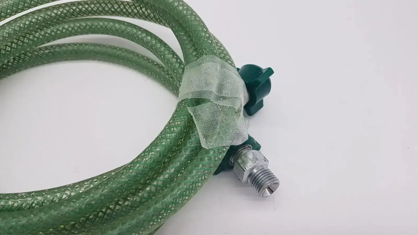 Green suction pump water hose with green braided material, metallic threaded connector, and dark green plastic fittings