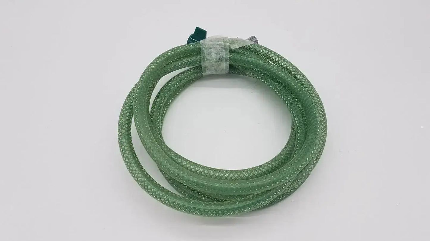Green suction pump water hose with green braided material, metallic connector, and green plastic cap on one end