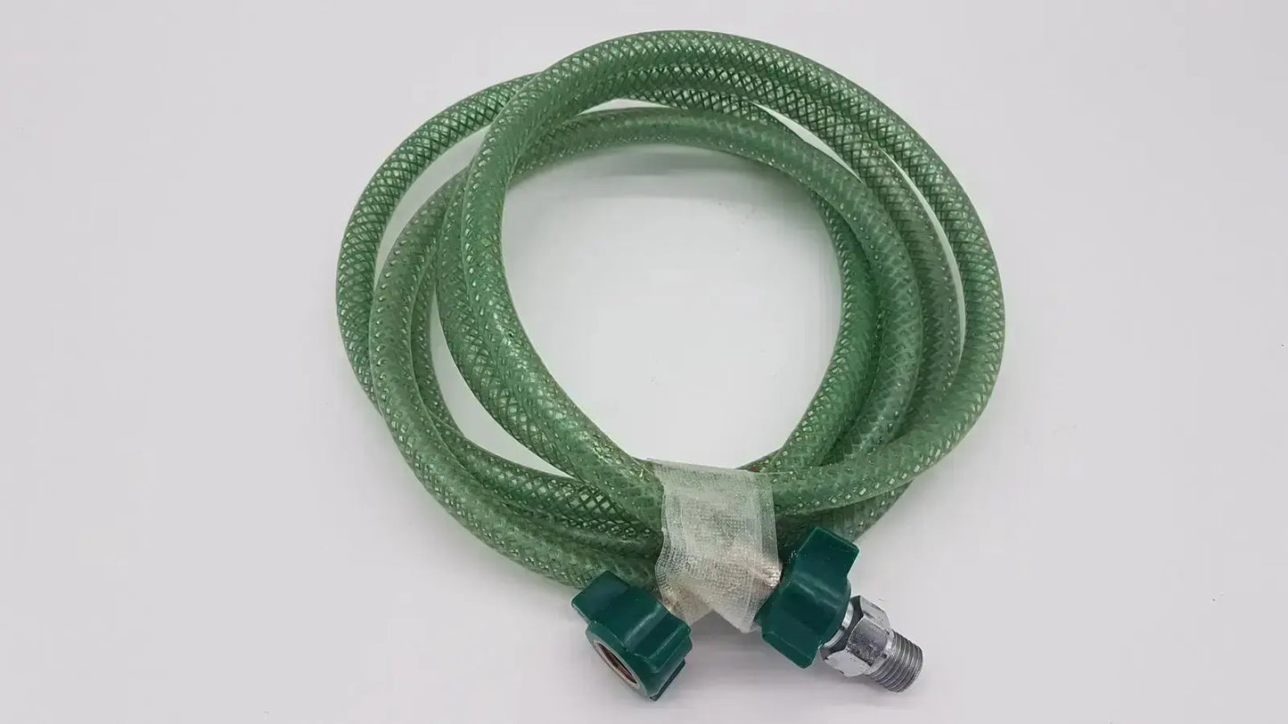 Green suction pump water hose with green braided material green plastic fittings and metallic threaded connector