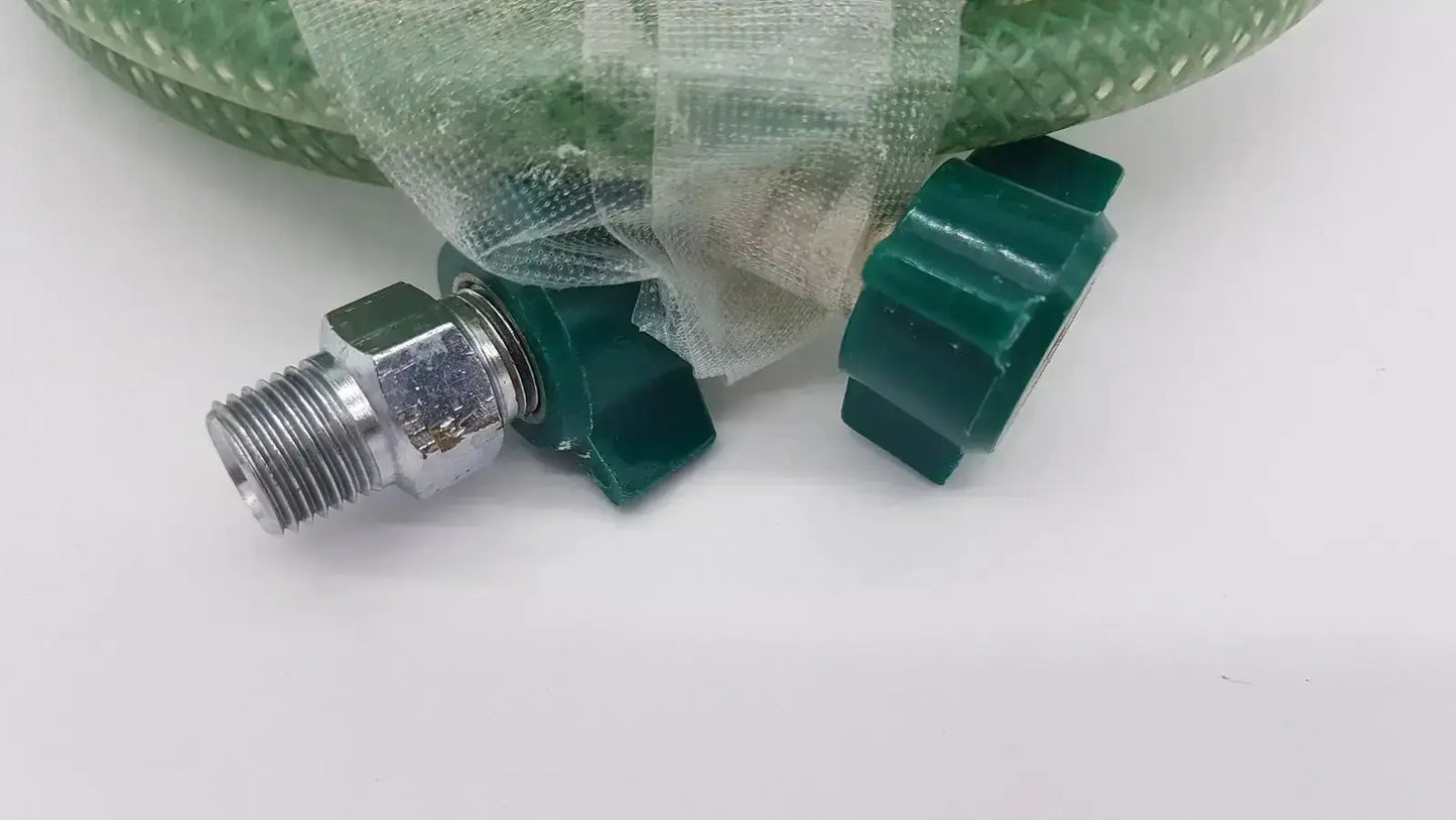 Green suction pump water hose with metallic threaded connector and two dark green plastic knobs for suction pump water use
