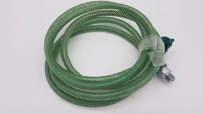 Green suction pump water hose with green braided design metallic threaded connector and green plastic fittings on both sides