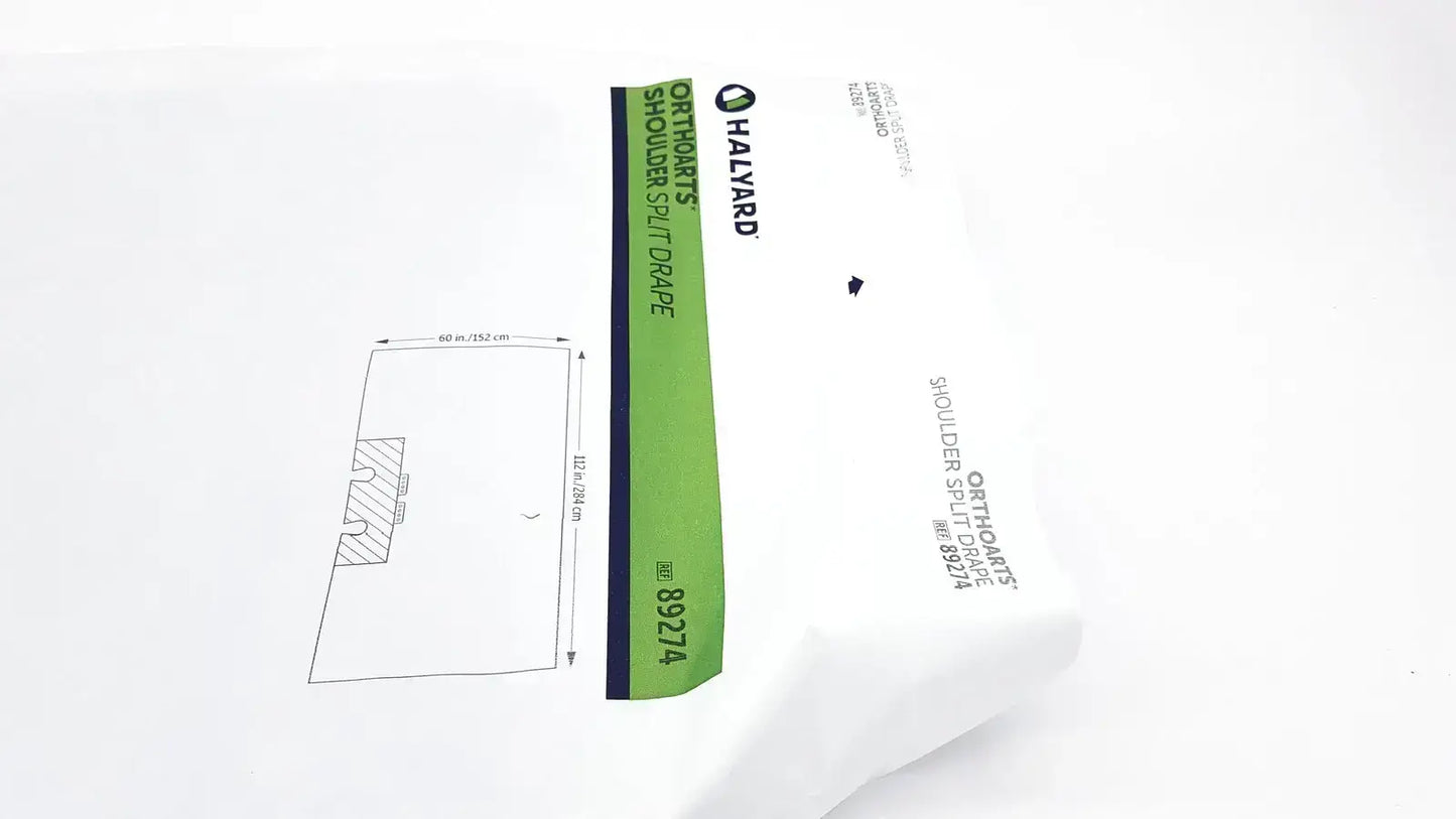 Halyard 89274 orthoarts shoulder split drape in white with green and black text suitable as general drapes for medical use