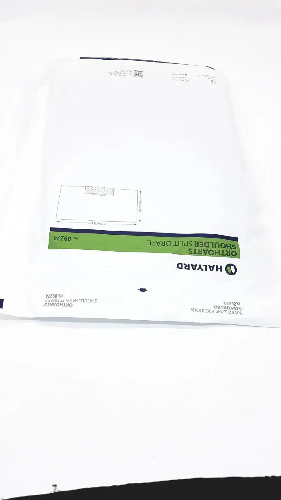 White paper packaging of halyard 89274 orthoarts shoulder split drape 112in x 60in used medical equipment for sale